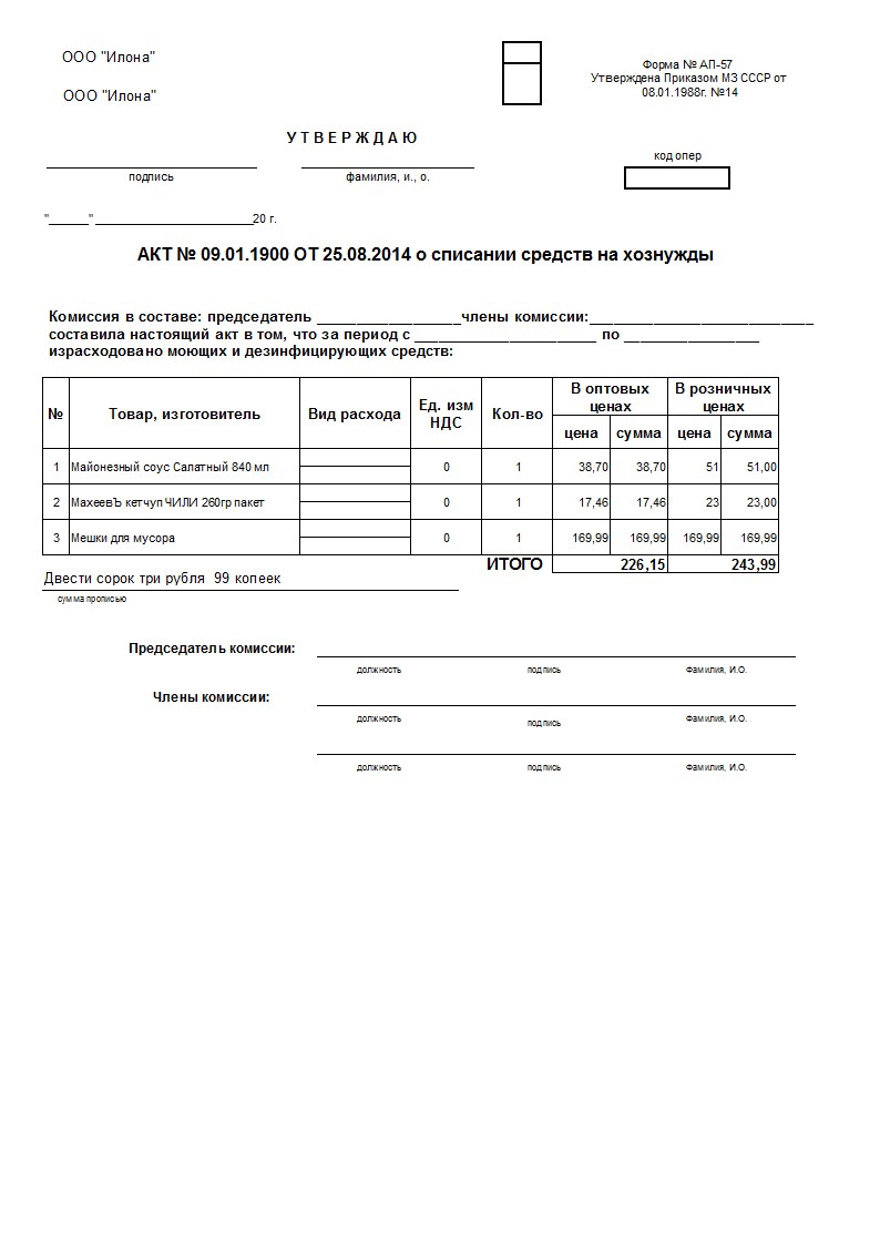 Акт списания продуктов питания в детском саду образец