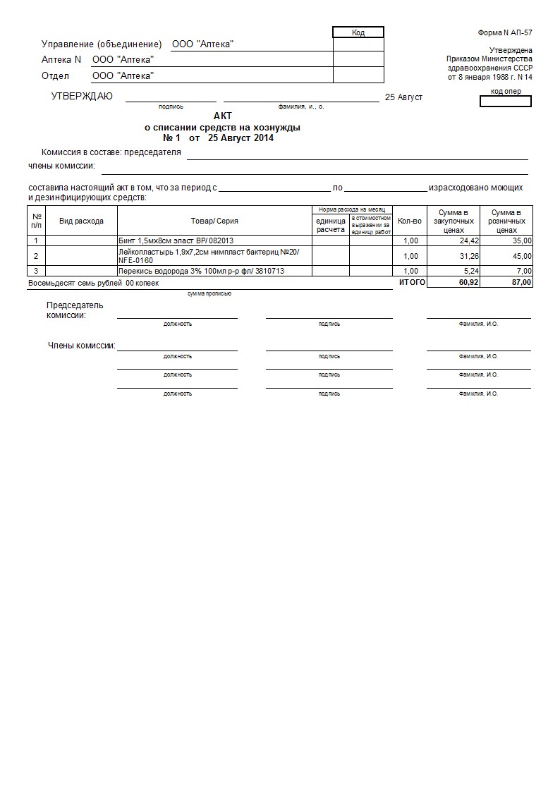 Акт списания на хоз нужды образец